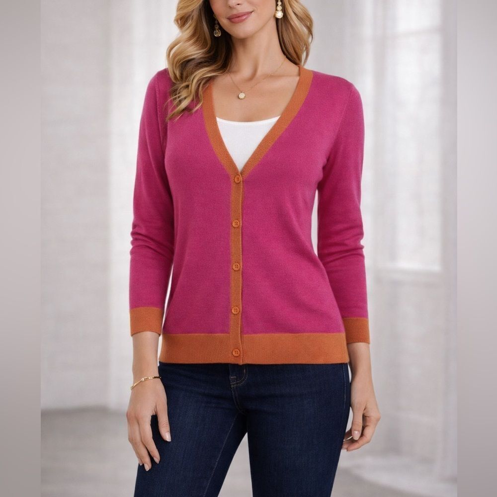 AUR Merino Wool Blend Pink Cardigan Contrast Trim Button Front Size S